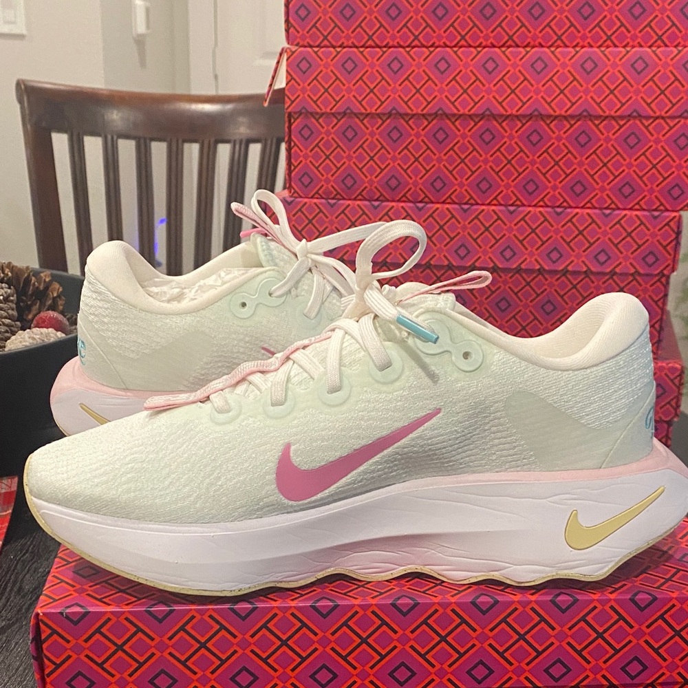White/Pastel Green and Pink Athletic Sneakers - Picture 5 of 7